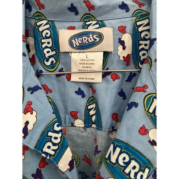 Vintage Nerds Candy Button Up Short Sleeve Collared Blue Shirt Men's Size L - Picture 3 of 14